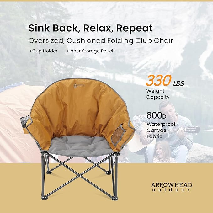 ARROWHEAD OUTDOOR Oversized Heavy-Duty Club Folding Camping Chair with Pocket Cup Holder Portable Padded Moon Round Saucer Supports 330lbs Carrying Bag
