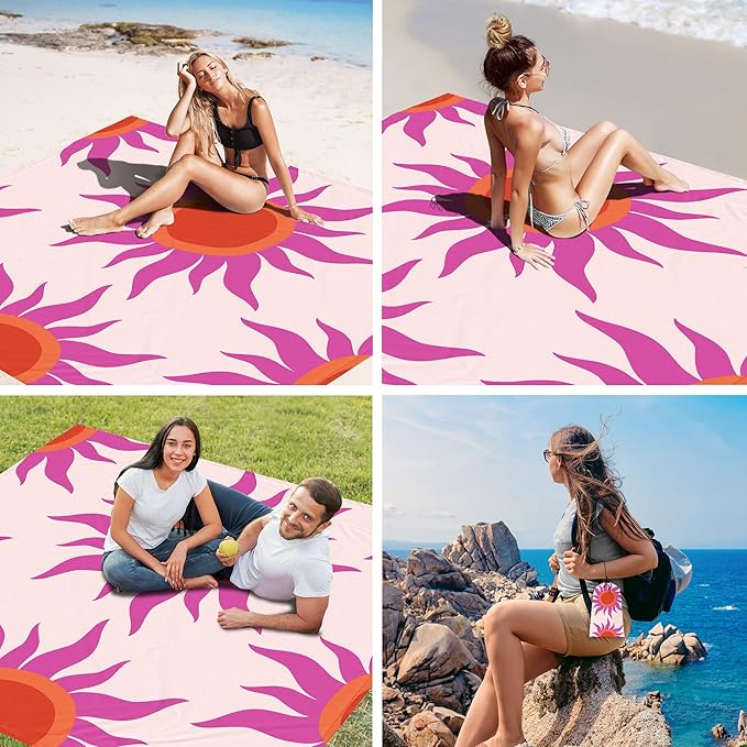 Large Beach Blanket Waterproof Sandproof 9×10 FT Beach Mat Sand Free for 2-8 Adults with Stakes and Sand Pocket Foldable Picnic Blankets for Outdoor Camping Hiking Vacation Essentials-Boho Sunset