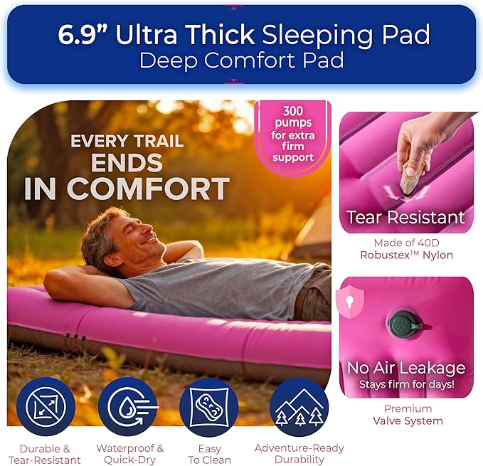 Premium Double Sleeping Pad for Camping - Camping Mattress 2 Person XL with Built-in Pump - 6.9 Thick Camping Beds for Adults - Indoor Beach &amp Pool Use