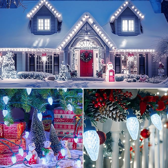 Brightown C9 LED Christmas String Lights 33ft 50 LED Waterproof Strawberry String Lights Plug-in Extendable Green Wire Lights String for Outdoor Indoor Patio Party Decoration (White)