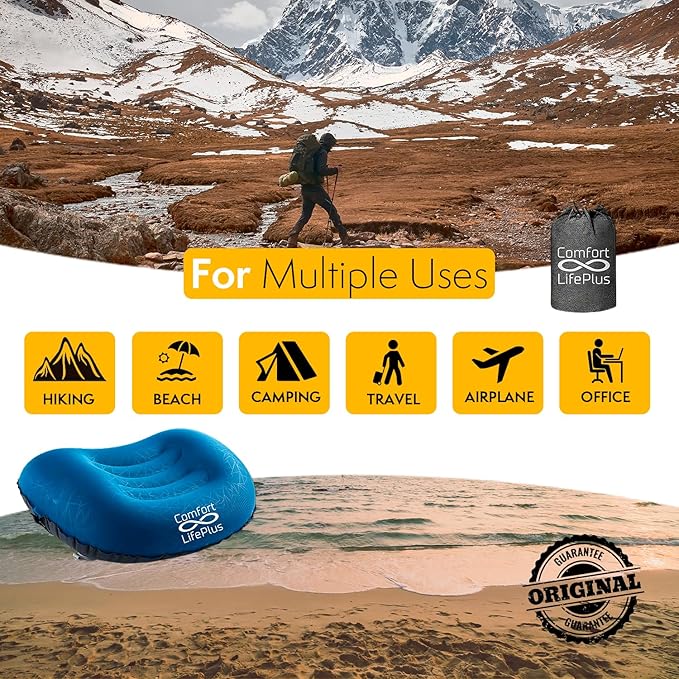 Ultralight Inflatable Camping Travel Pillow - Compressible Compact Comfortable Ergonomic Inflating Pillows for Neck &amp Lumbar Support Camp Hiking Backpacking (Orange)