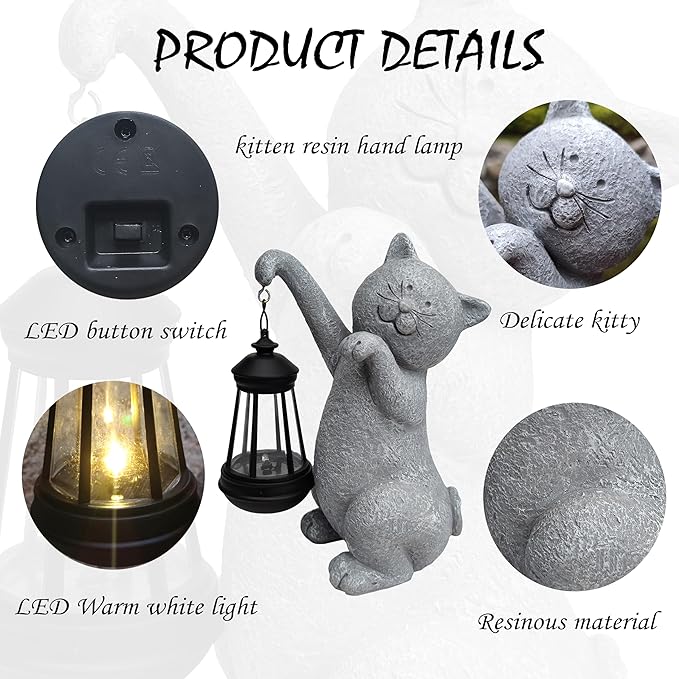 Cat Solar Garden StatuesResin Cat Figurine Decorations with Solar Lights Lantern Outdoor Figurines Lawn Cats Statue Decor Art for LawnYard Balcony OrnamentGift for Garden Home Mom.