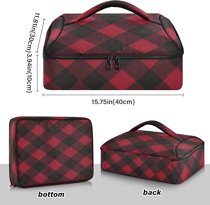 Casserole Carrier Red Black Plaid Insulated Casserole Carrier for Hot or Cold Food Thermal Lunch Tote for Parties Picnic Travel Carry Bag