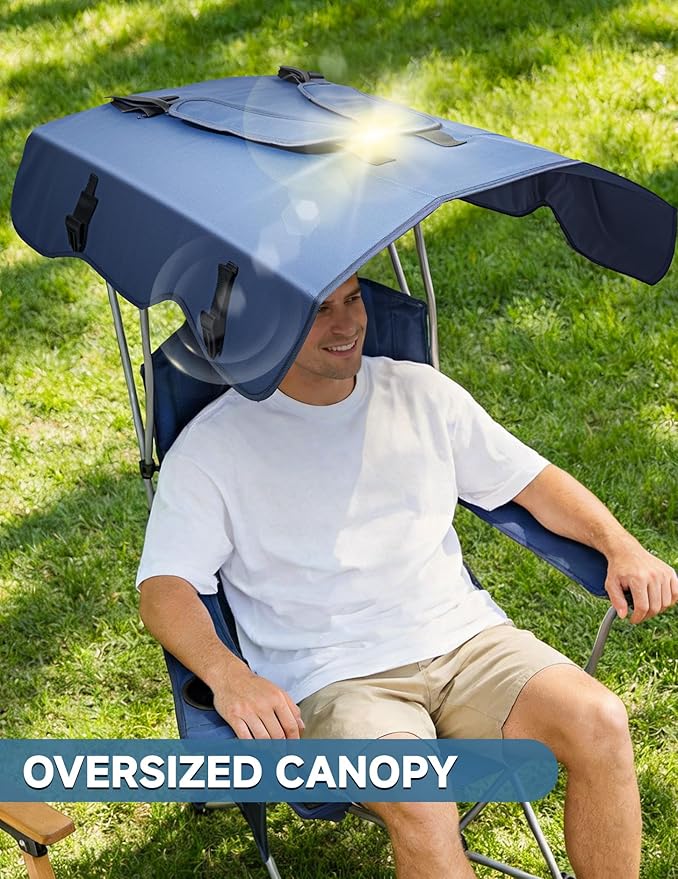 East Oak Camping Chair with Canopy | 25'' High Back Folding Beach Chair with Canopy Shade Removable Headrest Cup Holder Side Pocket 330 lbs Heavy Duty for Sports Events Fishing