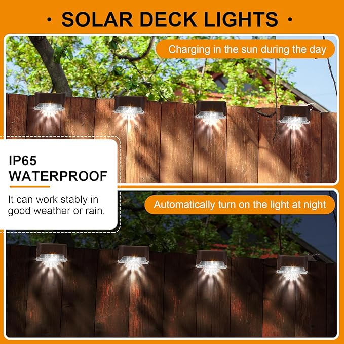 Geelin 32 Pcs Solar Deck Lights Outdoor Waterproof LED Solar Step Fence Lights for Stairs Step Railing Patio Driveway Garden Pathway and Yard(Brown Shell Cool White Light)