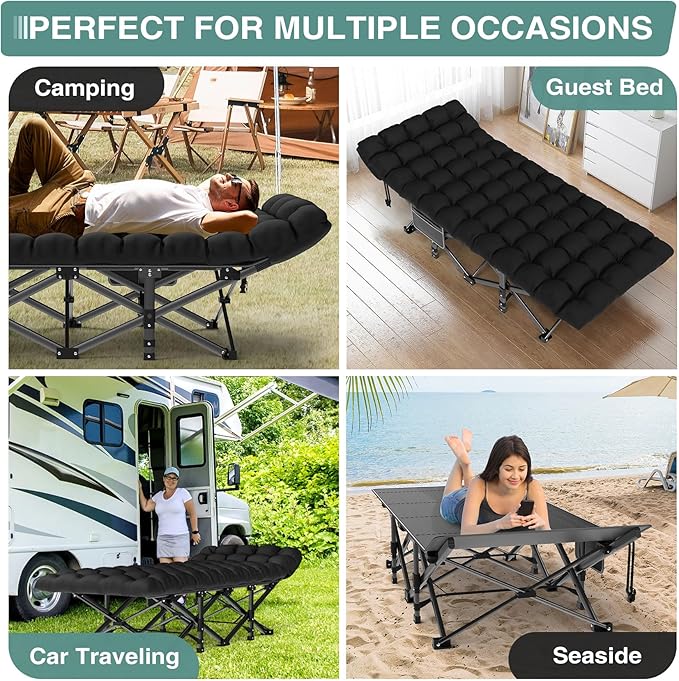 ZENPETIO Camping Cot for Adults Heavy-Duty Portable Cot Bed with Mattress Foldable Padded Sleeping Cots for Camping Travel Tent Day Bed Outdoor &amp Home Guest Max Load 500 LBS 75x28x15”
