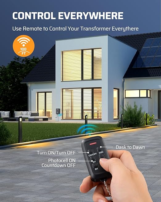 DEWENWILS 60W Low Voltage Landscape Transformer with Remote Control 120V AC to 12V DC Dusk to Dawn &amp Timer Outdoor Low Voltage Transformer for Spotlight Garden Light Pathway Light