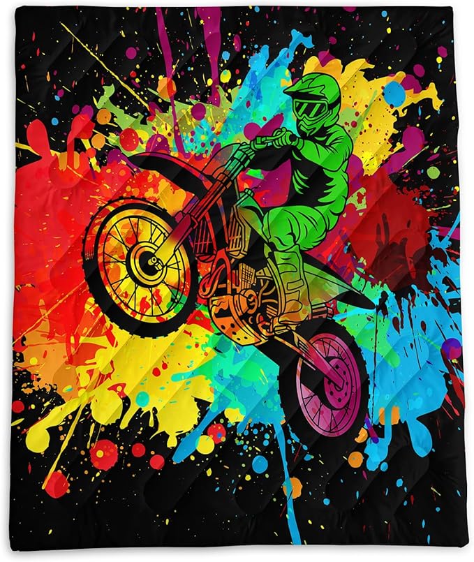 Axolotl Dirt Bike Camping BlanketMotor Vehicles Biker Puffy Printed BlanketMotocross Racer Packable Outdoor BlanketColorful Ink and Oil Paintlightweight Backpacking for CampingPicnicHikingBeach