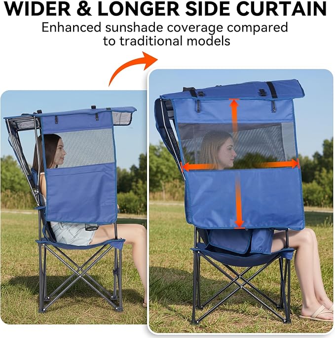 Camping Chair with Canopy Shade - Folding Beach Chair with UPF 50+ Sun Shade Cup Holder Side Pocket Portable Sports Chair for Adults Support 330 LBS Fishing Camp Outdoor Lawn Chair - Blue