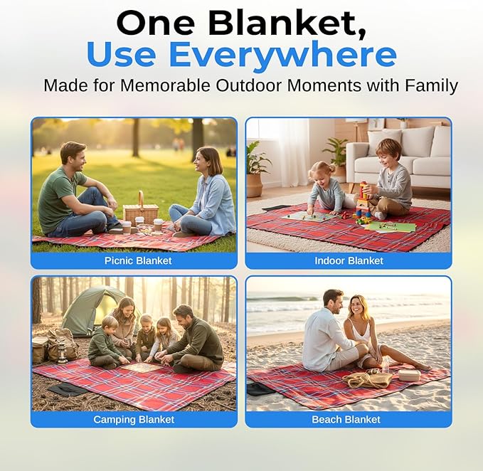scuddles Extra Large Picnic Blanket – 59 x 53 Waterproof &amp Sandproof Outdoor Mat with Soft 3-Layer Comfort Foldable Design &amp Carry Strap for Beach Camping Travel Parks &amp Family Picni