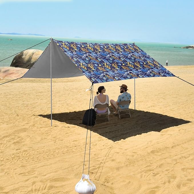 ALAZA Sea Turtle Coral Fish Beach Tent Sun Shelter UPF50+ Protection Beach Shade Canopy w/ 4 Sandbags for Outdoor Camping Fishing Backyard Fun Picnic 10x9 ft