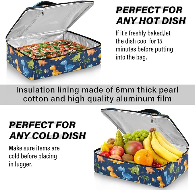 Casserole Carrier Playful Cartoon DinosaursInsulated Casserole Carrier for Hot or Cold Food Thermal Lunch Tote for Potluck Parties Picnic Beach Fits 9 x 13 Inches Baking Dish