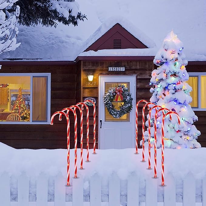26 Christmas Candy Cane Pathway Markers Lights Set of 10 Pack Christmas Outdoor Decorations Candy Cane Lights for Yard Patio Garden Walkway Indoor Décor Landscape Path Festival Holiday Red