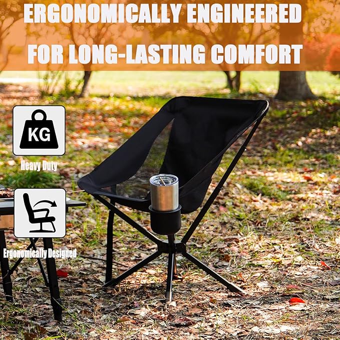 Compact Small Camping Chair Folding Portable Camp Chair for Adults Hiking Travel Outdoor Adventures Easy Set Up Supports 330LBS with Cup Holder