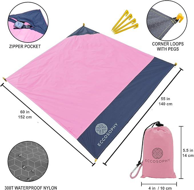 ECCOSOPHY Sand Proof Beach Blanket - Waterproof Picnic Blanket 60x55 Outdoor Compact Pocket Blanket Lightweight Ground Cover for Hiking Camping Festivals Sports Travel with Bag &amp Stakes (Pink)
