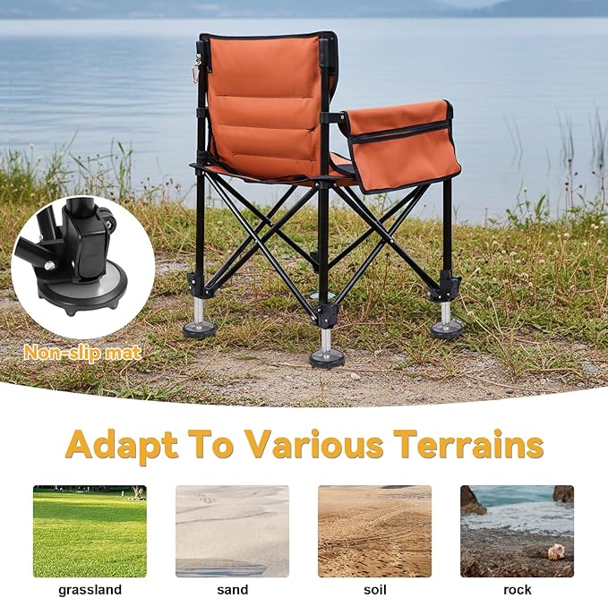 Foldable Fishing Chair Heavy Duty Portable Adjustable Camping Chair with Rod Holders Non-Slip Feet Carrier Bag for Outdoor Fishing Travel Beach Orange