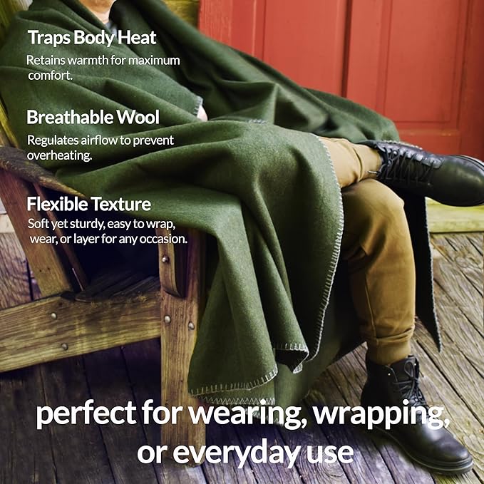 Military Style Wool Blanket – Cushioned Breathable Durable Warm &amp Washable – Double-Stitched Border– Great for Camping Outdoor First Aid Travel Car Fire Retardant – 64x90 4.7lb (Olive Gr