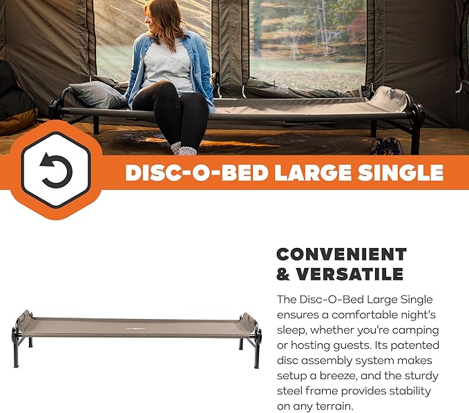 Disc-O-Bed Large Outdoor Modular 1 Person Single Camping Cot Portable Bed for Adults Sleep Solution for Tents Tan
