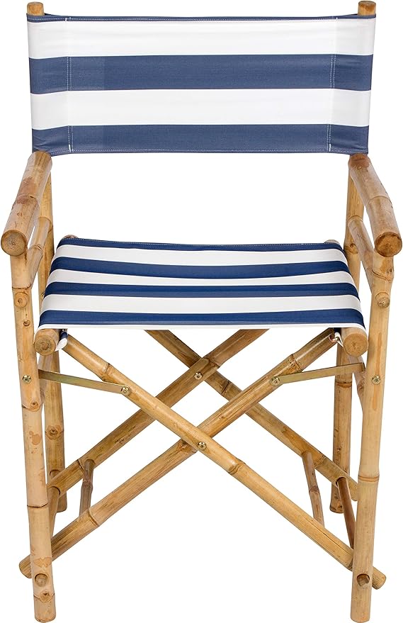 Statra Folding Director Chair Bamboo Portable Camping Outdoor Set of 2 Blue White Stripes