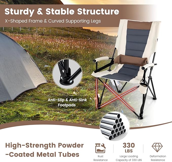 Tangkula Folding Camping Chair Portable Lightweight Camp Chair with Lumbar Support Padded Seat Carrying Bag Cup Holder Outdoor Lawn Chair for Yard Fishing Travel No Assembly Needed