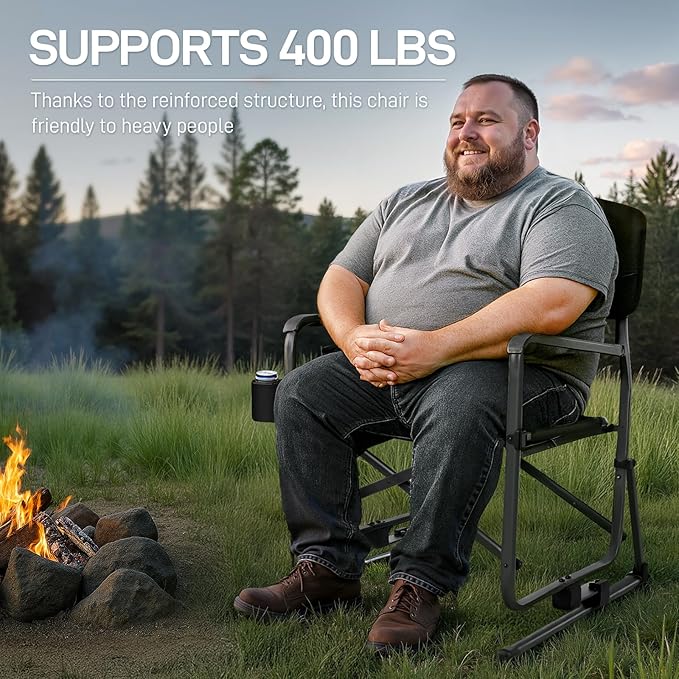 EVER ADVANCED Heavy Duty Rocking Camping Chair Black Supports 400 LBS Quick Set Foldable Portable Outdoor Patio Sports Game Balcony Adult 17 lbs 25 x 25 x 38 inches