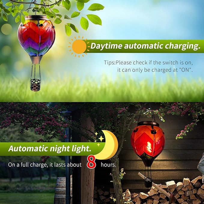 Glass Solar Hot Air Balloon Lantern with Flame Hanging Garden Flickering Light Outdoor Waterproof for Yard Patio Tree Mother's Day Gift Wavy-Colorful