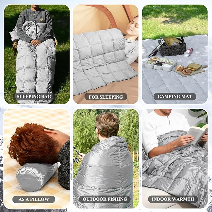 MOOX Down Camping Blanket Packable Backpacking Camping Quilt Outdoor Lightweight Warm Water Resistant Puffy Sleeping Bag Travel Hiking 55x79 Waterproof Camp Throw Blanket Gray Blue