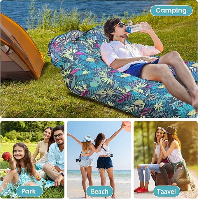 ele ELEOPTION Outdoor Inflatable Camping Couch Waterproof Portable Blow Up Air Sofa Chair Lounger for Backyard Beach Traveling Camping with Compression Sacks (Blue Leaf Print)