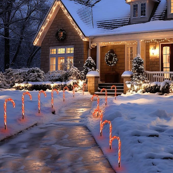 Christmas Candy Cane Lights - 16 inch Set of 12 Pcs Christmas Candy Cane Pathway Markers Lights Outdoor Walkway Lighting with Stakes for Yard Lawn Sidewalk Driveway 20 Feet