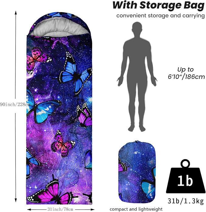 Sleeping Bags for Adults Youth Kids3D Printing Camping Sleeping Bag for Girls Boys Lightweight Waterproof Cold/Warm Weather Sleeping Bag for 3 Seasons