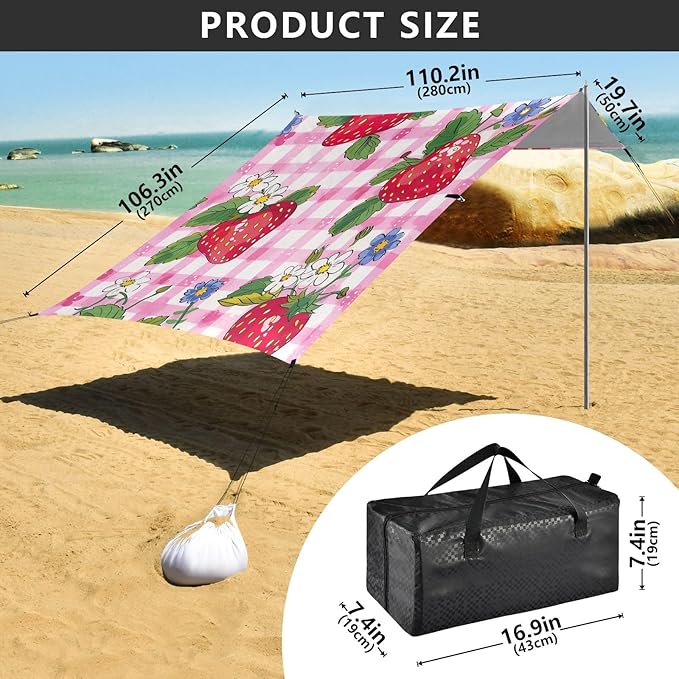Strawberry Pattern Beach Tent Sun Shelter 9.2' x 10.5' Beach Canopy with 4 Sandbags 4 Stability Poles Sand Shovels - Tent Canopy for Beach Camping Fishing Picnics