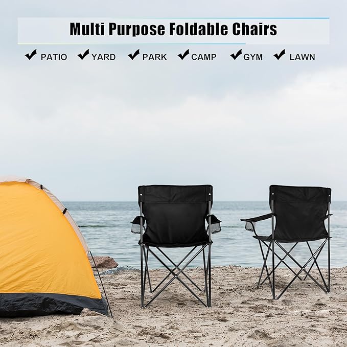 HaSteeL Foldable Camping Chair Set of 2 Folding Camp Chairs for Adults Large Portable Lawn Chair for Outdoors Fishing Hiking Travel Picnic Beach Supports 275lbs &amp Include Storage Bags (Blac