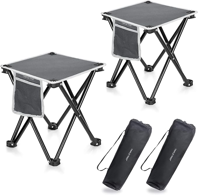 Triple Tree 2 Pack Folding Camping Stool 13.8 Inch Small Portable Lightweight Stool with Side Pocket Foot Stool with Carry Bag for Hiking Fishing and Beach Hold up to 400lbs Grey