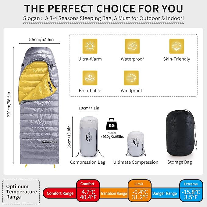 Naturehike Ultralight Down Sleeping Bag 650FP Backpacking Sleeping Bag for Adults 40.4℉ Waterproof Sleeping Bags for Camping Hiking Traveling with Compression Sack