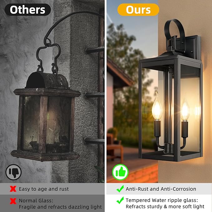 OKELI 17.6 2-Pack Outdoor Wall Light Fixture Large Exterior Porch Lighting 2-Light Farmhouse Outside Lantern Lights with Clear Glass Waterproof Wall Sconces Lamp for House Garage