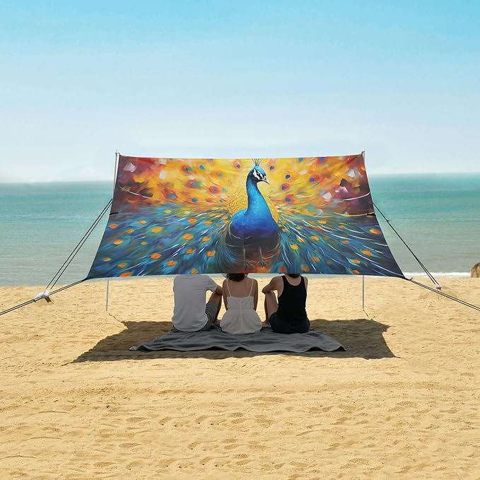 Colorful Peacock Painting Beach Tent Sun Shelter 9.2' x 10.5' Beach Canopy with 4 Sandbags 4 Stability Poles Sand Shovels - Tent Canopy for Beach Camping Fishing Picnics