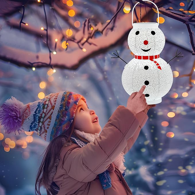 Christmas Decorations Snowman Solar Lantern - Snowman Solar Hanging Lantern Outdoor Waterproof -Metal Standing Solar Powered LED Lantern Decorative Lights for Outside Garden Yard Porch - White