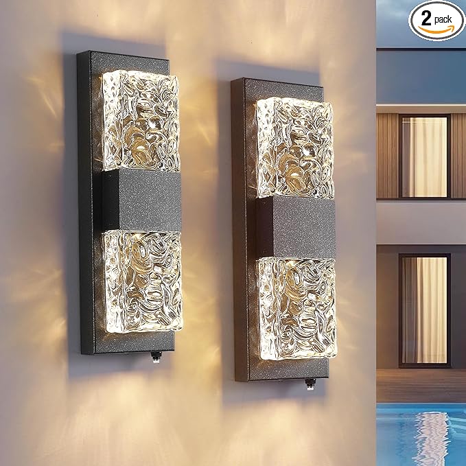 HITTO Dusk to Dawn Outdoor LightingPorch Lights Outdoor IP65 Waterproof Exterior Lighting Fixtures 12W LED Ripple Crystal Modern Outside Light for House Hallway Doorway Patio14.2'' Black 2PCS