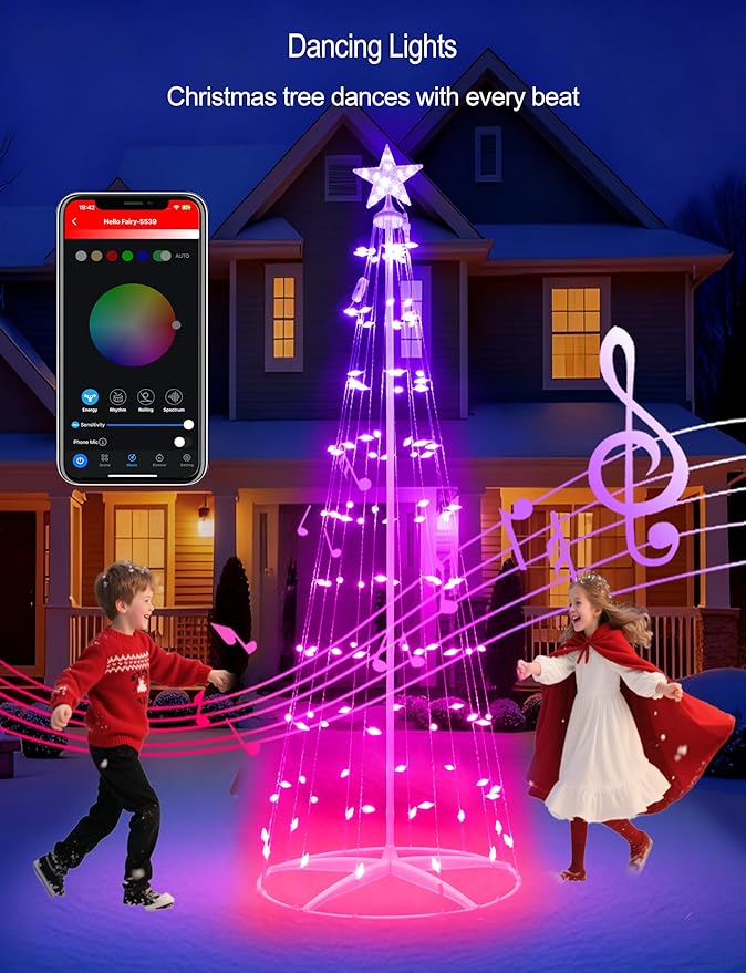 7ft Smart RGB Outside Christmas Tree Lights App Remote-Controlled C6 Shaped Christmas Light Cone Tree with Music Sync 57 Lighting Effects + DIY Mode Easy install Outdoor Xmas New Year Yard Decor