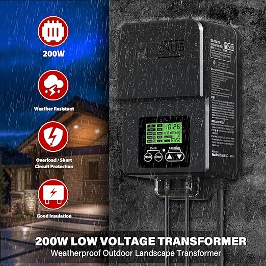 VENUS MANUFACTURING Outdoor Low Voltage Transformer 200W Landscape Lighting Transformer with Timer and Built-in Photo Sensor 120V AC to 12V-15V AC for LED Spotlight Pathway Garden Lighting
