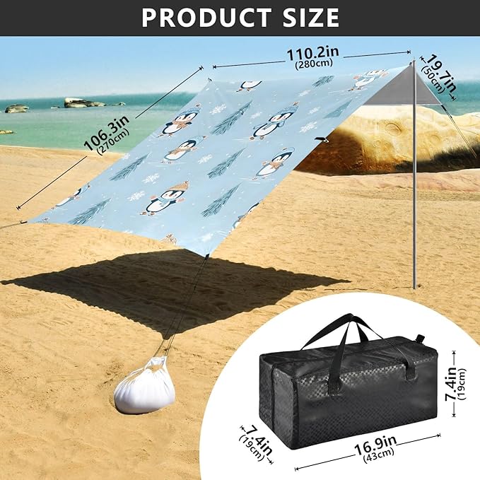 Bolaz Beach Canopy Tent Sun Shade9'×10.5' Large Family Beach Shade UPF50+- Outdoor Shade for Camping Trips FishingPenguin Pattern