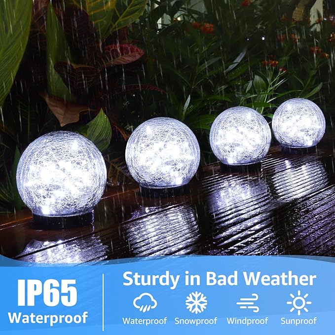 2-Pack Garden Solar Lights Outdoor Cracked Glass Ball Light Waterproof Decorative Solar Powered Globe Lighting Cool White for Yard Pathway
