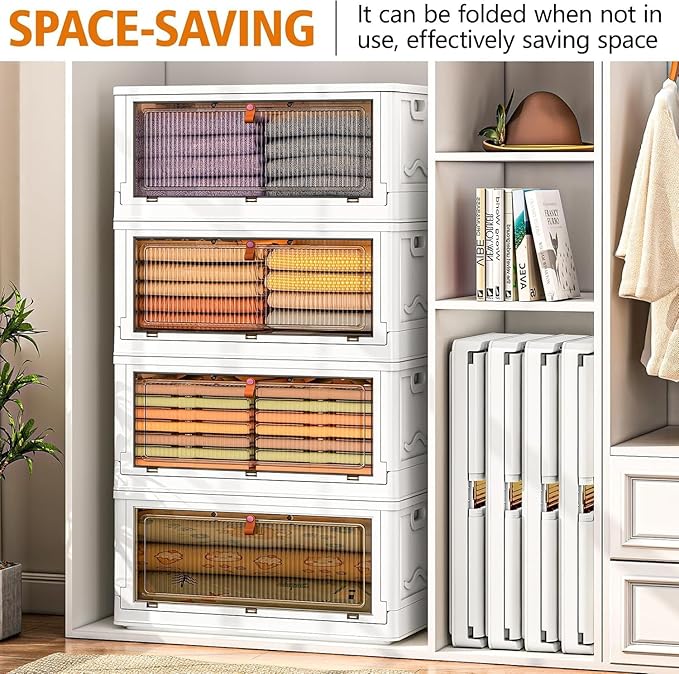 4 Tier Storage Bins with Lids 102QT Stackable Storage Containers with Wheels Folding Boxes Extra Large Collapsible Bins White
