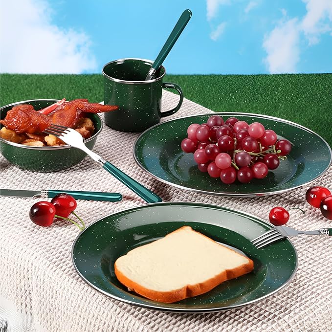 Nuogo 48 Pcs Enamel Camping Tableware Includes 12 oz Coffee Mugs 10.5 Inch Camping Plates 6 Inch Bowls and Utensils Set Includes Knife Fork Spoon for Outdoor RV (Green)