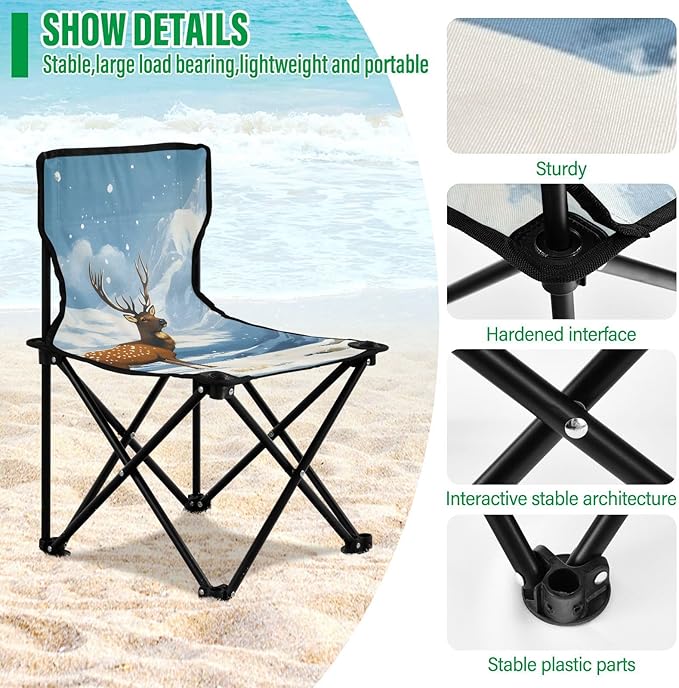 Elk Snowy Mountains Portable Camping Chairs Folding Chair - Durable Oxford Fabric Lightweight Iron Frame Easy Fold Design - Ideal for Outdoor Activities Camping Fishing and Travel
