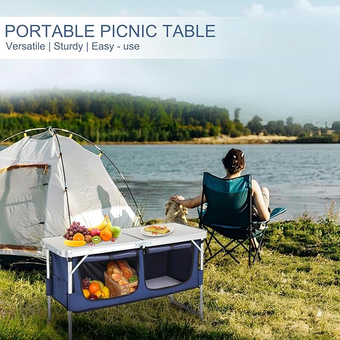 Folding Camping Table with Storage 3 Height Adjustable Lightweight 4 Ft Outdoor Portable Kitchen Aluminum Table for BBQ Picnic Hiking Beach and Indoor