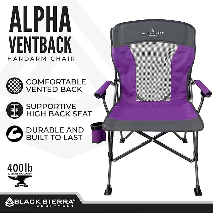 Black Sierra Camping Chair – Folding Portable Lawn &amp Beach Chair with Padded Hard Armrest Mesh Vented Back Spacious Cup Holder Carry Bag – Supports 300 lbs for Sports