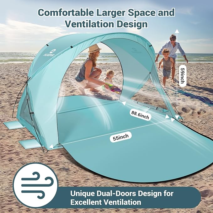 Beach Tent Sun Shelter Beach Tent with Beach Mat Set 4 Person Portable Beach Shade Canopy with UPF 50＋ UV Protection Dual-Door Ventilation Design Easy Setup Family Beach Umbrella (Green)