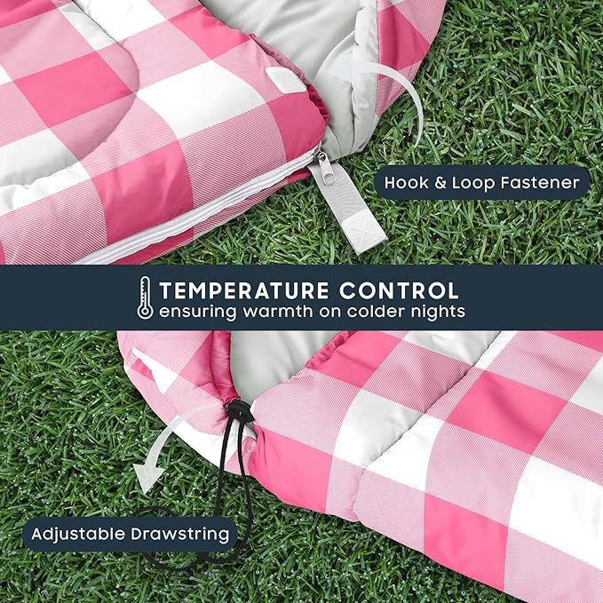 Wake In Cloud - Kids Sleeping Bag for Boys Girls Toddlers Camping in Warm Cold Weather Backpacking Lightweight Compact Outdoor Liner for 3 Seasons Gingham Plaid