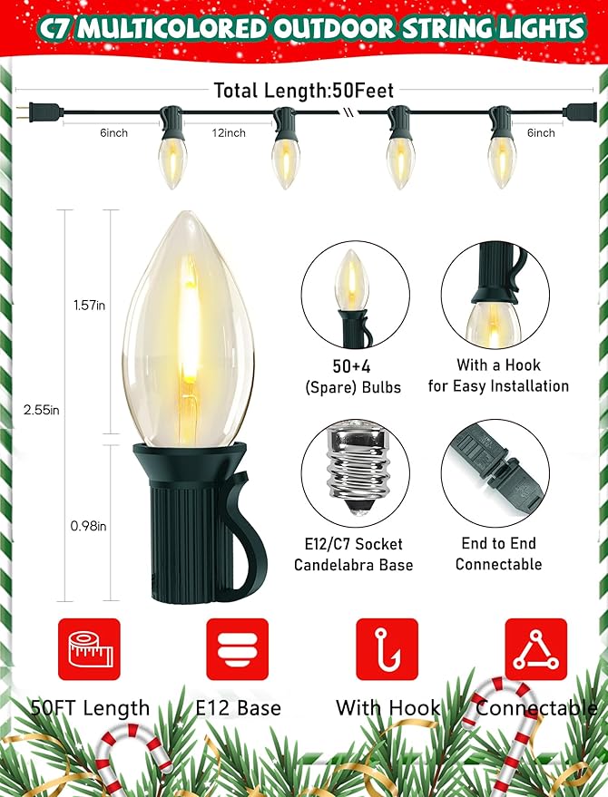 50Ft LED Christmas Outdoor String Lights C7 Vintage String Lights with 27 0.6W Warm White Bulbs Clear Christmas Lights for Holiday Party Backyard Wedding Garden Patio Porch Decor Green Wire